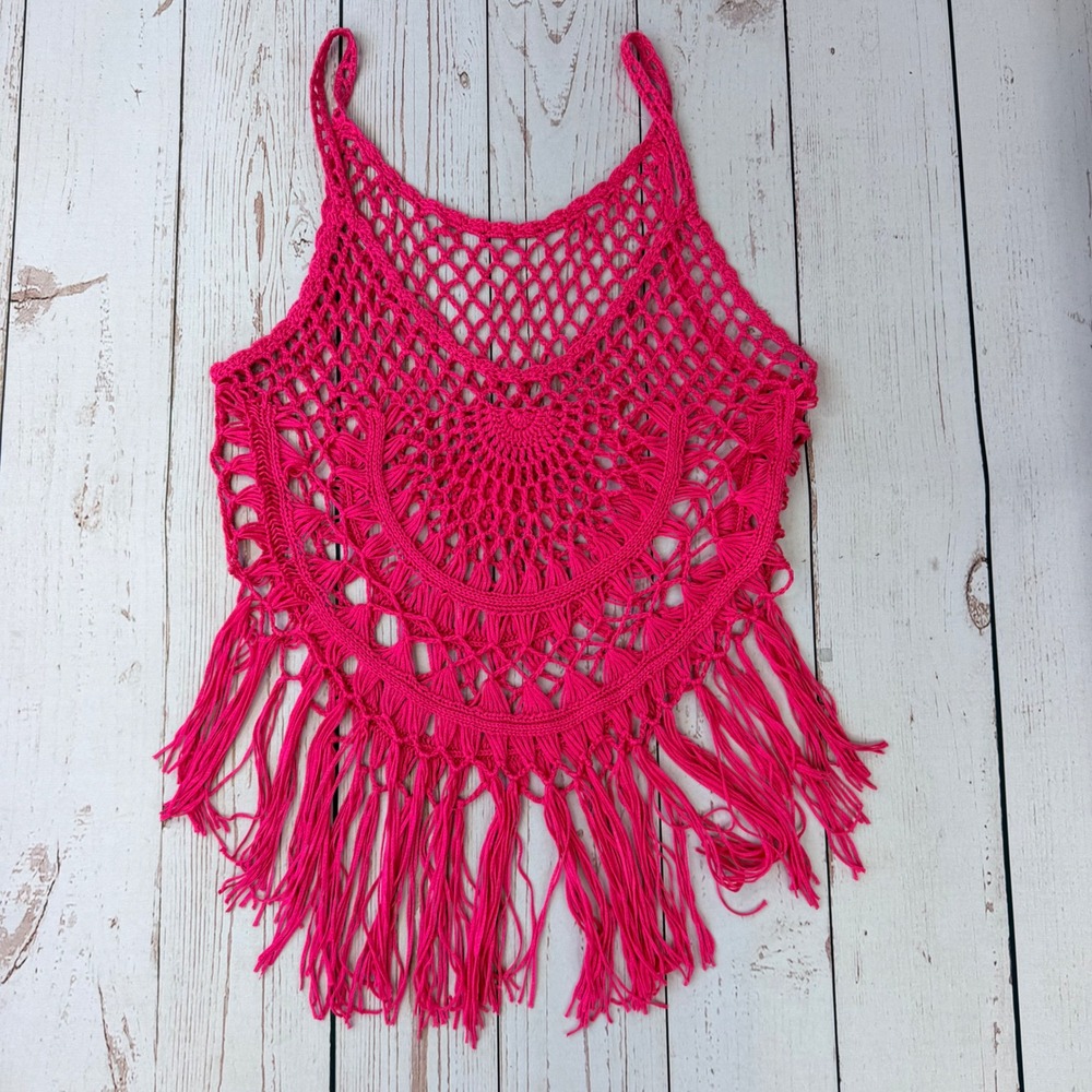 Hot Pink Crochet Fringe Tank Top Boho Fishnet Open Knit Sleeveless Cover Up